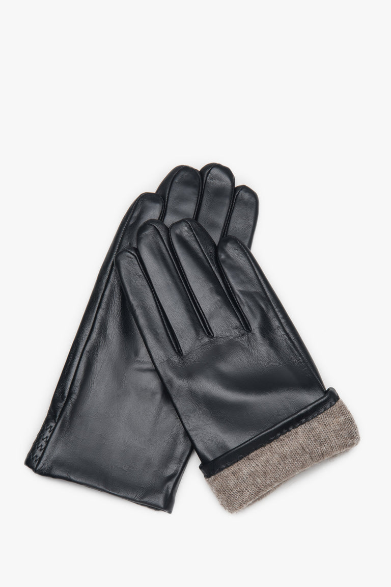 Men's Black Genuine Leather Gloves with Warm Lining Estro ER00118423.