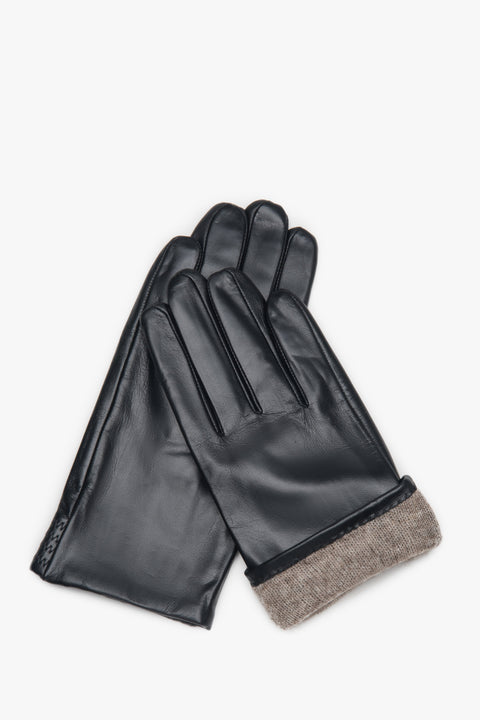 Men's Black Genuine Leather Gloves with Warm Lining Estro ER00118423.
