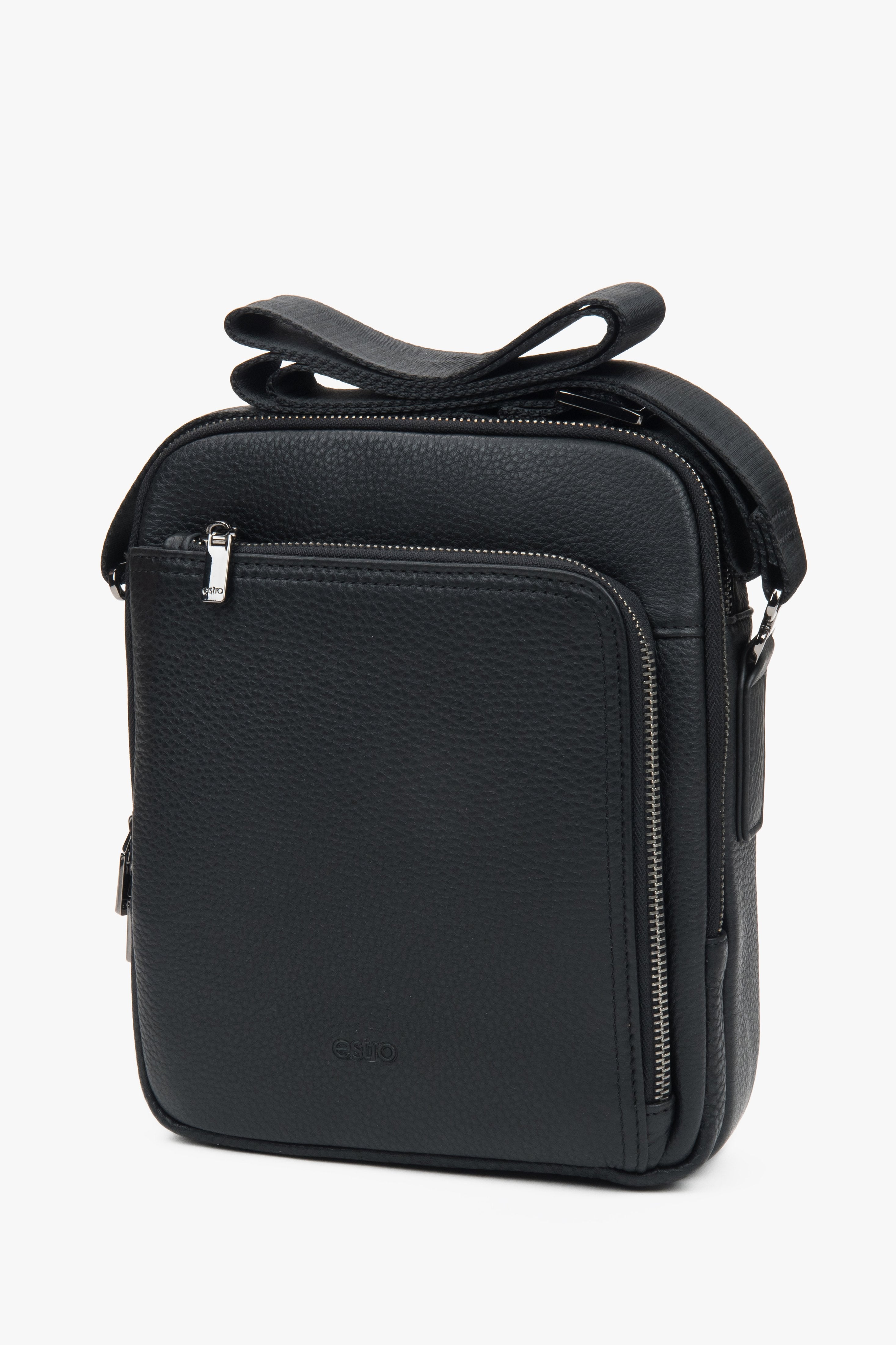 Men’s crossbody sling bag, black, genuine leather, Estro.