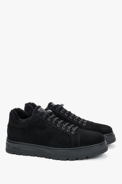 Estro - men's black genuine velour low-top sneakers with warm fur lining (ER00120668).