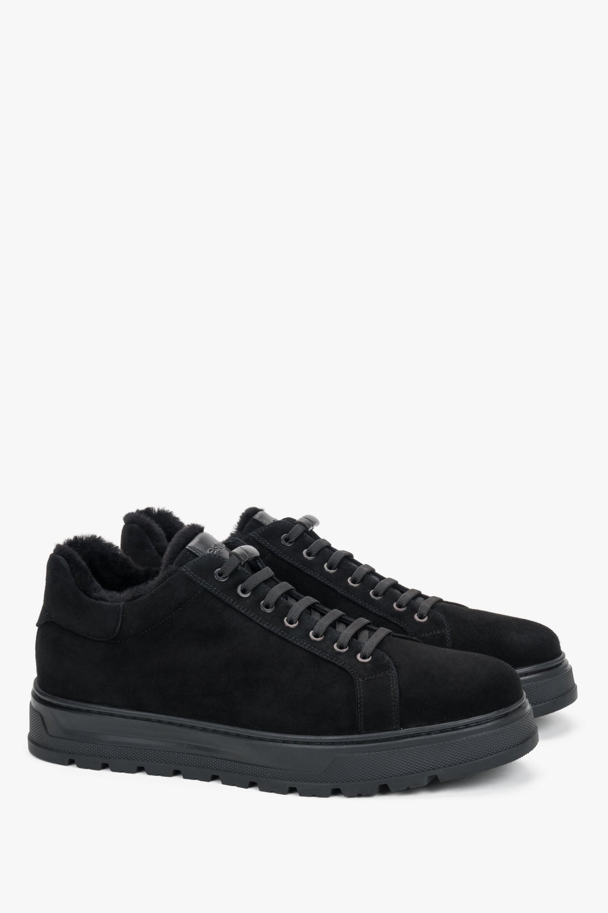 Estro - men's black genuine velour low-top sneakers with warm fur lining (ER00120668).