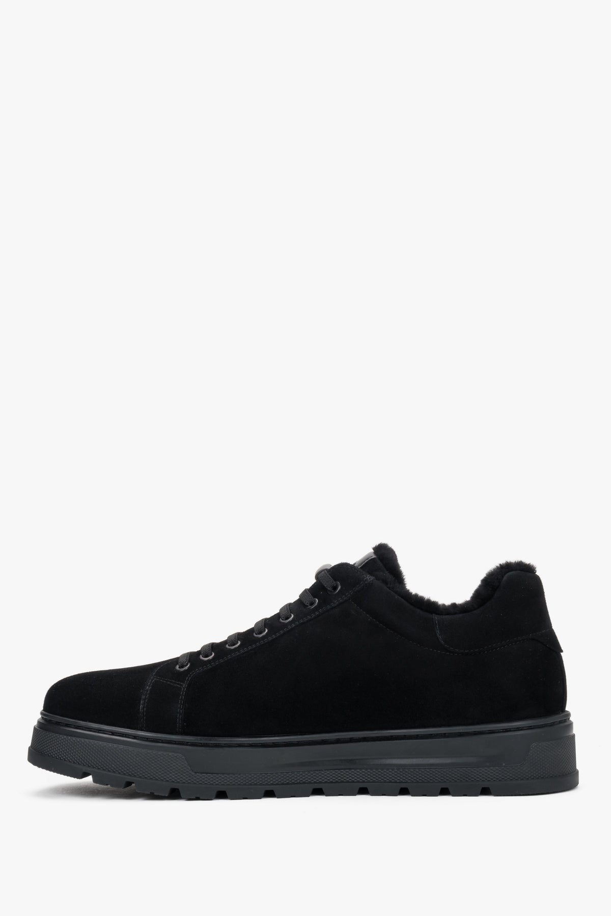 Men's black genuine velour low-top sneakers with warm fur lining Estro.
