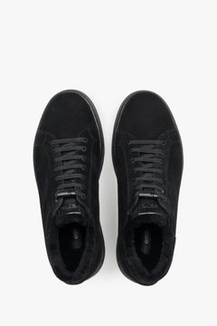 Men's black natural suede low-top winter sneakers featuring soft fur lining, Estro.