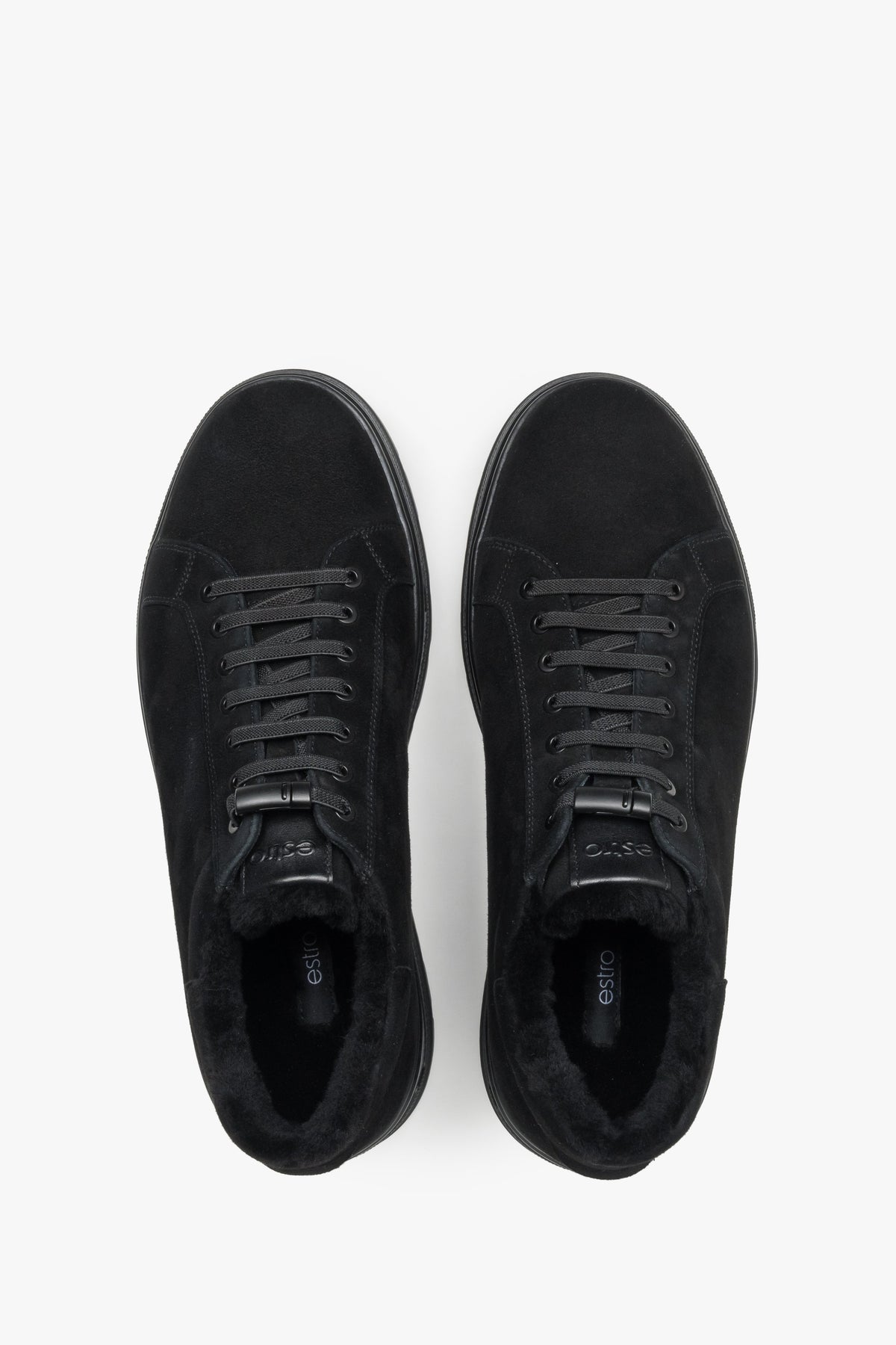 Men's black natural suede low-top winter sneakers featuring soft fur lining, Estro.
