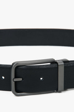 Crafted from 100% natural leather, this men's black belt with a polished silver chrome buckle adds sophistication to any outfit.
