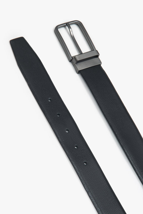 A timeless men's black leather belt featuring a stylish silver chrome buckle, ideal for both business and casual looks.