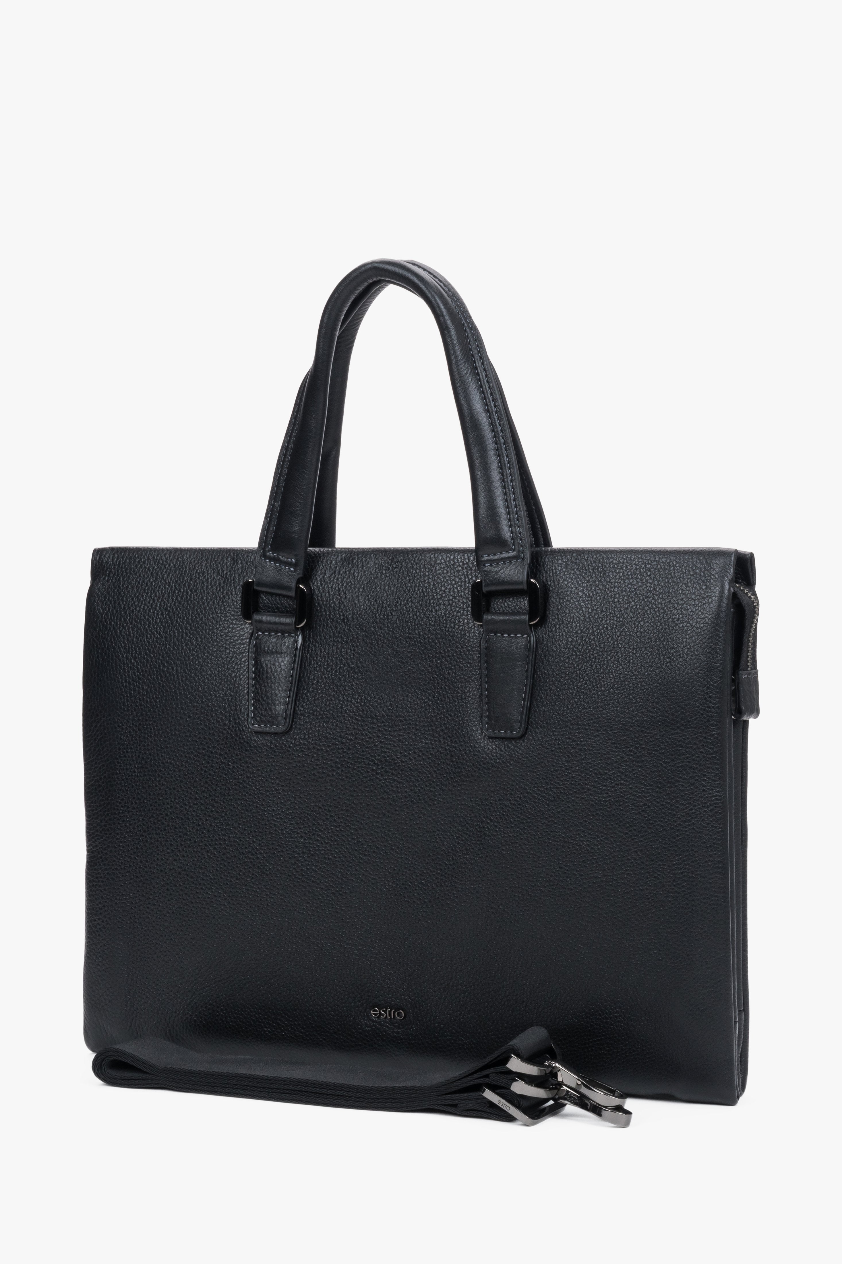Front of men's black leather briefcase with zipper.
