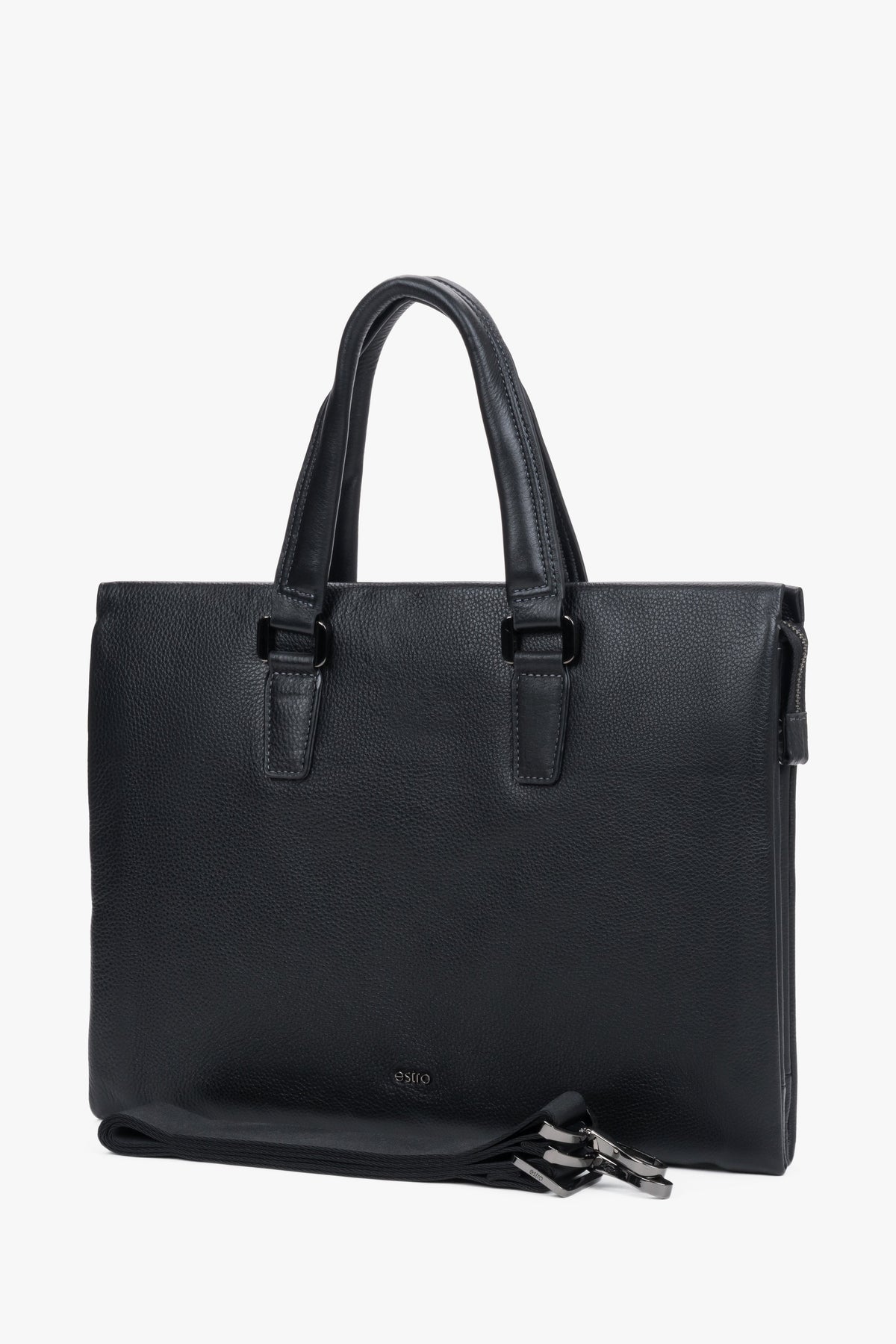 Front of men's black leather briefcase with zipper.