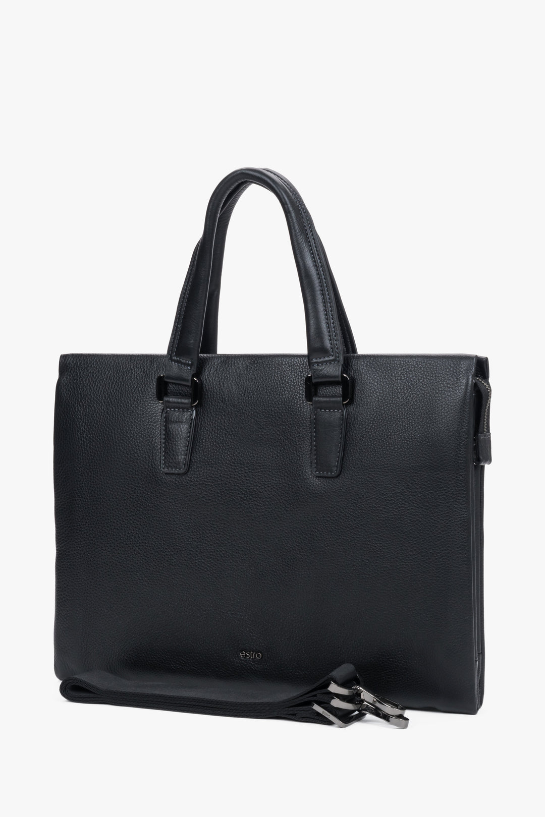 Front of men's black leather briefcase with zipper.