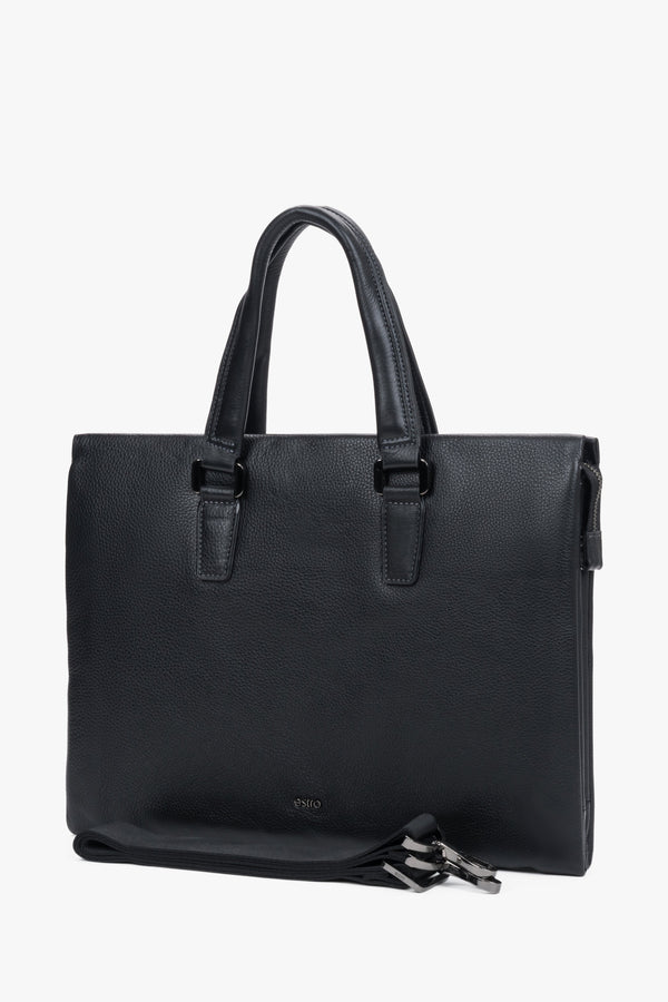 Front of men's black leather briefcase with zipper.