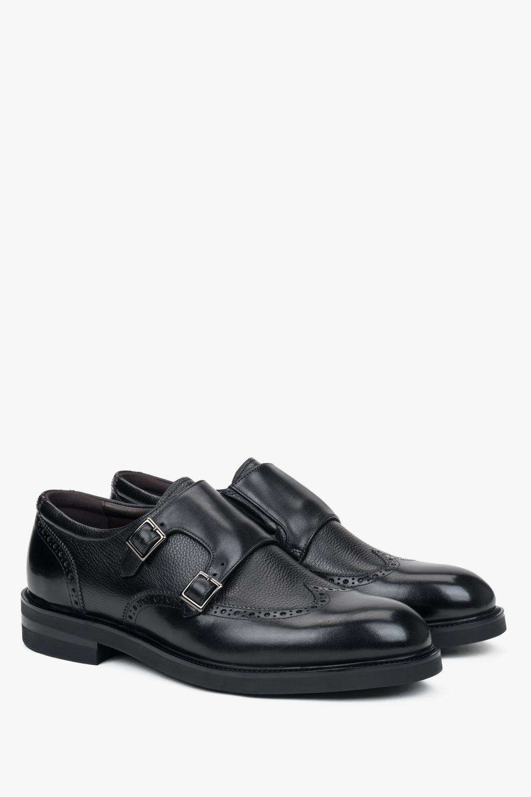 Men's black leather brogues by Estro featuring classic monk straps.