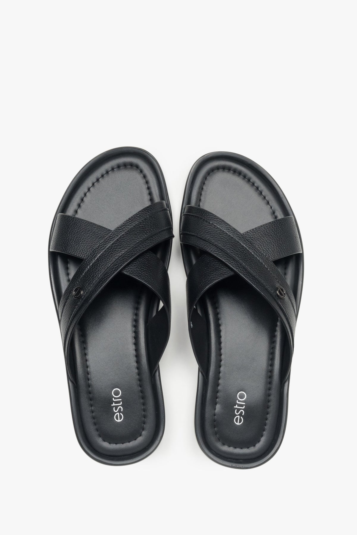 Men’s Black Leather Cross-Strap Slide Sandals Estro ER00119201.