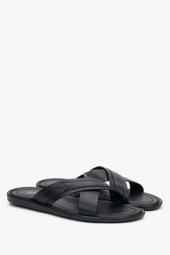 Summer leather slide sandals with wide crossed straps for a secure fit.