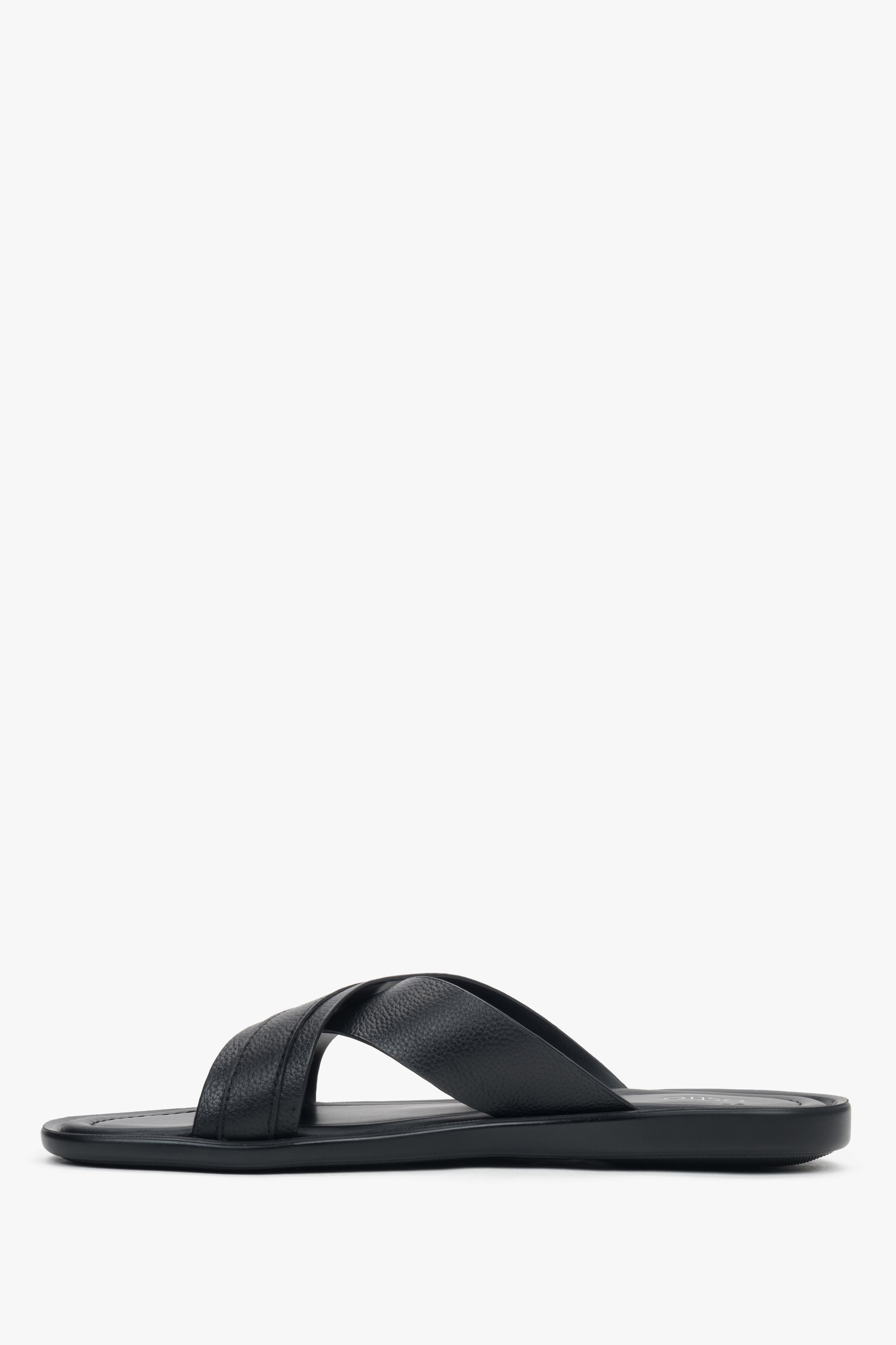 Men’s black slide sandals with soft leather lining and insole.