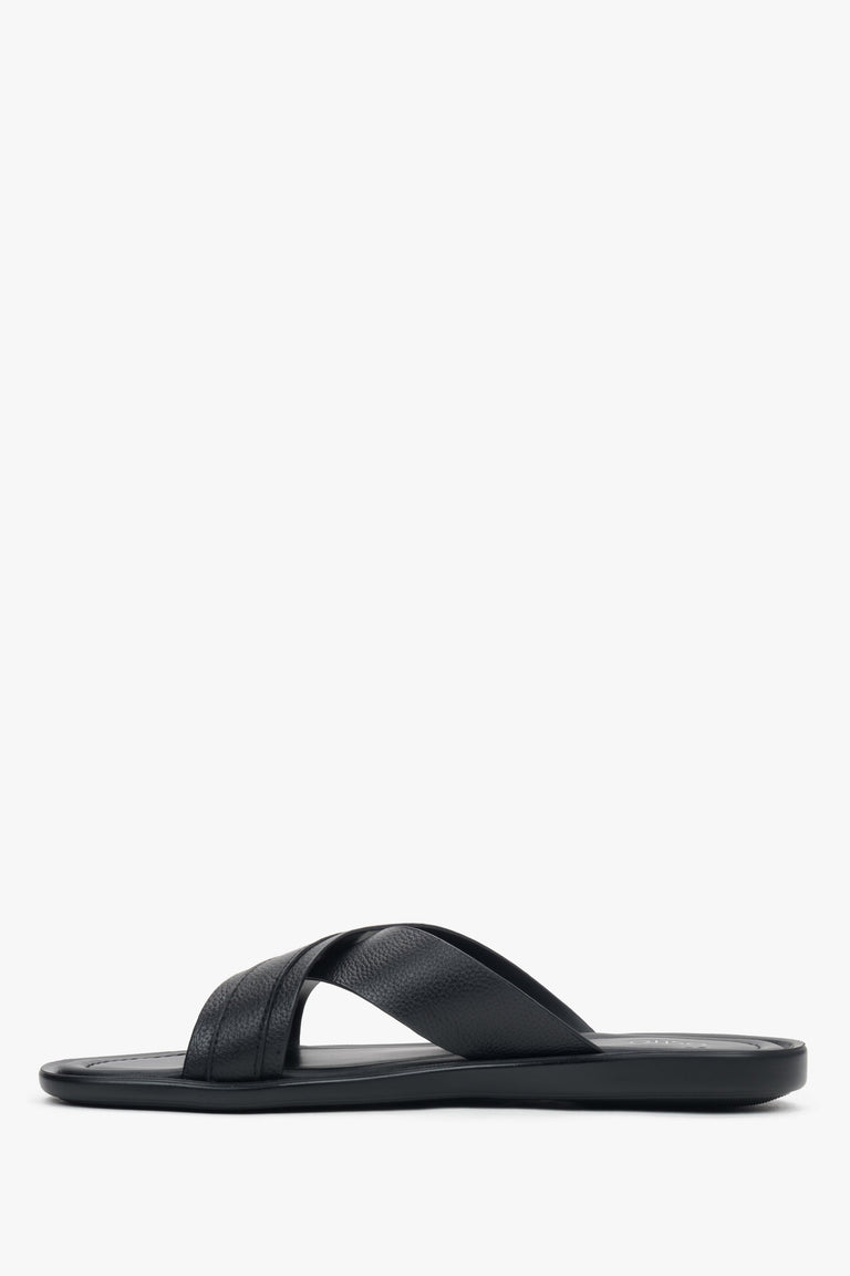 Men’s black slide sandals with soft leather lining and insole.