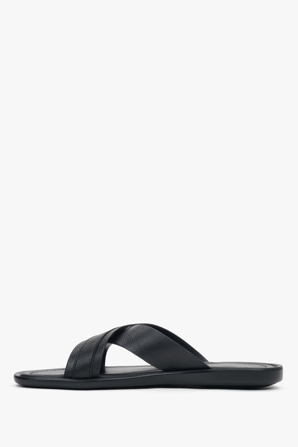 Men’s black slide sandals with soft leather lining and insole.