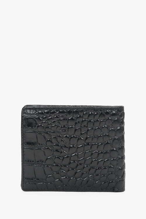 Men’s black leather wallet with crocodile-embossed pattern.
