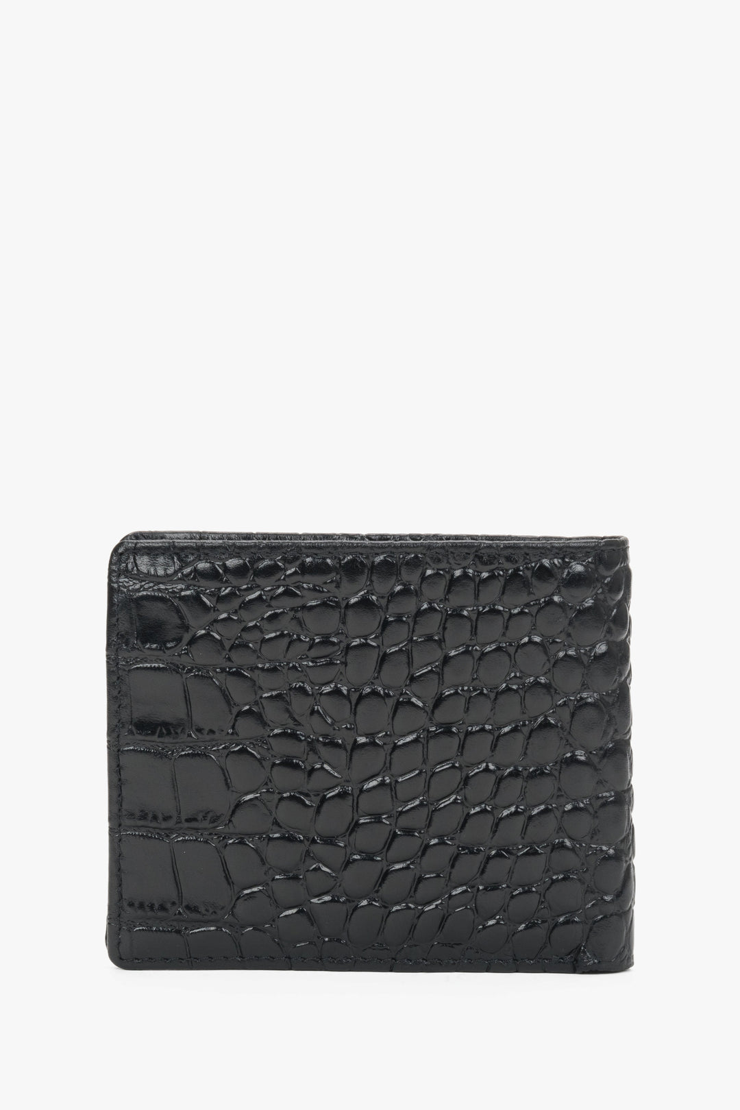 Men’s black leather wallet with crocodile-embossed pattern.
