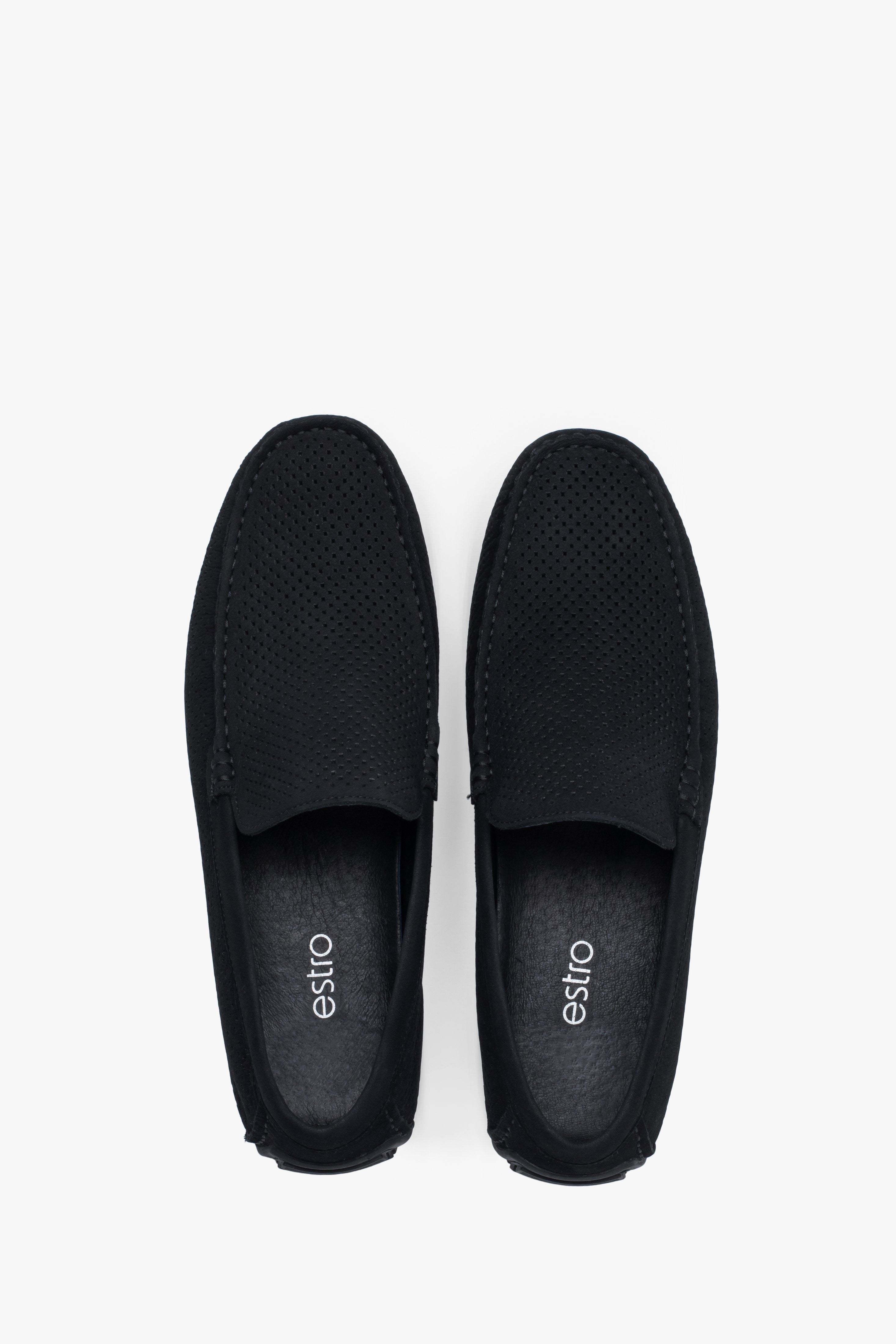 Black nubuck loafers designed for comfort and ventilation.