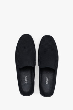 Black nubuck loafers designed for comfort and ventilation.