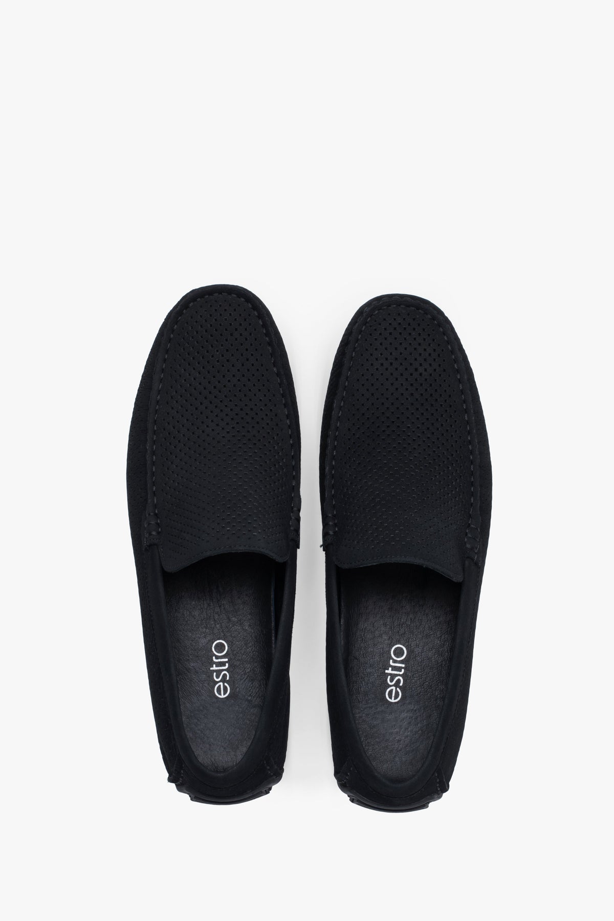 Black nubuck loafers designed for comfort and ventilation.
