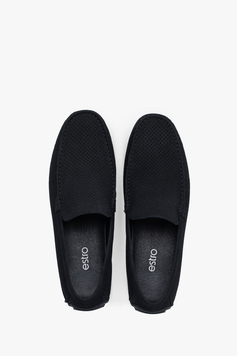 Black nubuck loafers designed for comfort and ventilation.