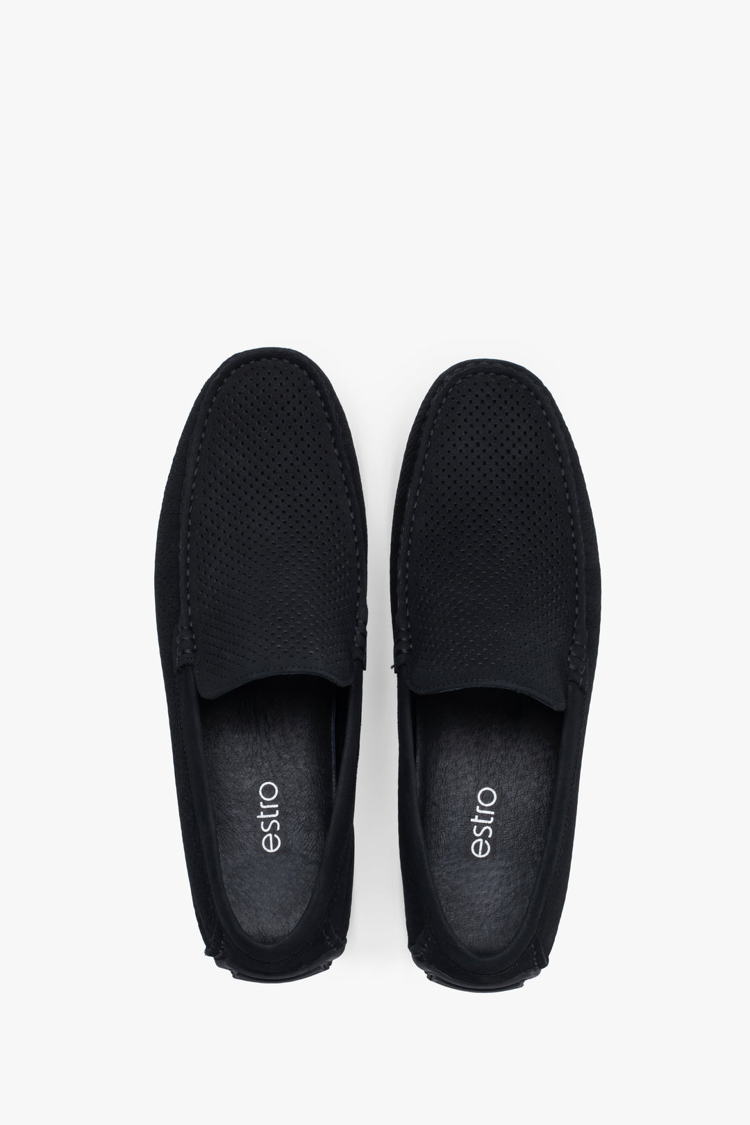 Black nubuck loafers designed for comfort and ventilation.