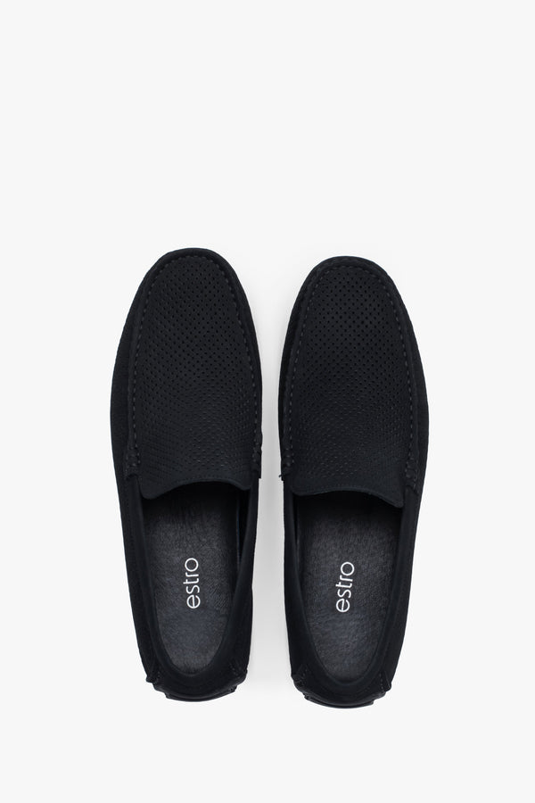Black nubuck loafers designed for comfort and ventilation.
