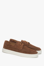 Brown men’s lace-up loafers in premium Italian natural velour.