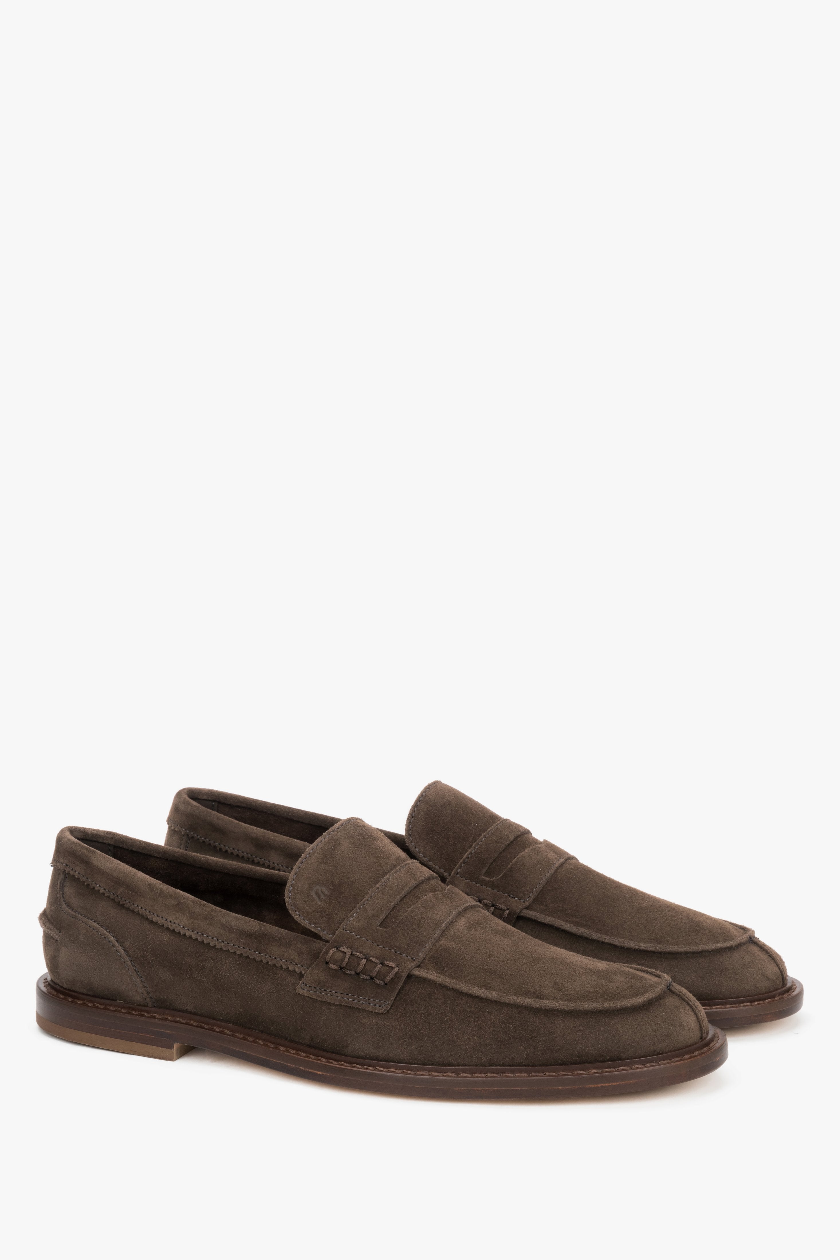 Men's classic brown velour penny loafers with a sleek profile, Frau.