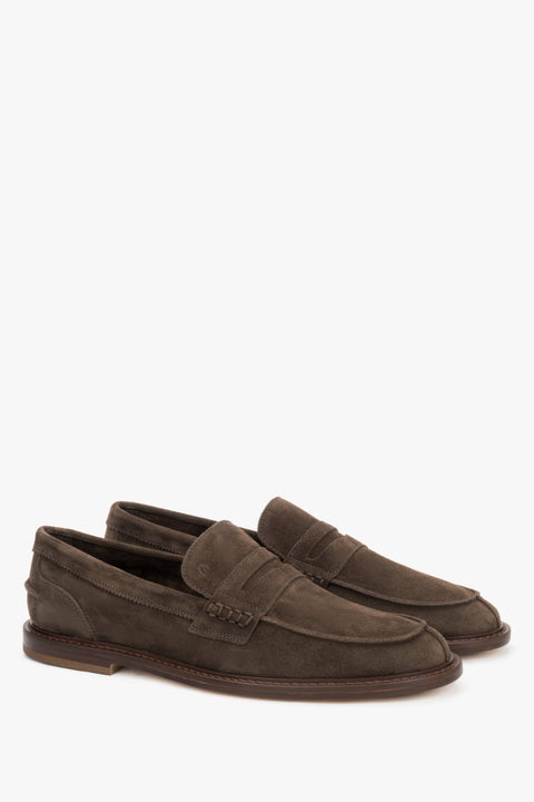 Men's classic brown velour penny loafers with a sleek profile, Frau.