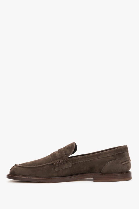 Brown men's premium velour penny loafers by Frau – a clean side profile highlighting the signature vamp strap and flexible TPU sole.