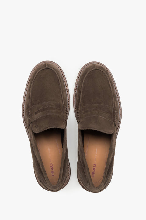 Men's classic brown penny loafers by Frau – a top-down perspective showcasing the detailed seaming system and the premium Italian leather lining.