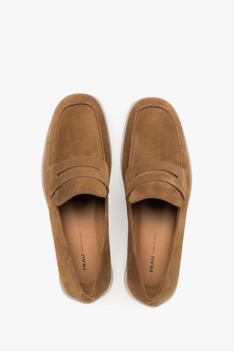 Men's classic caramel penny loafers by Frau – a top-down perspective showcasing the detailed seaming system and the premium Italian leather lining.