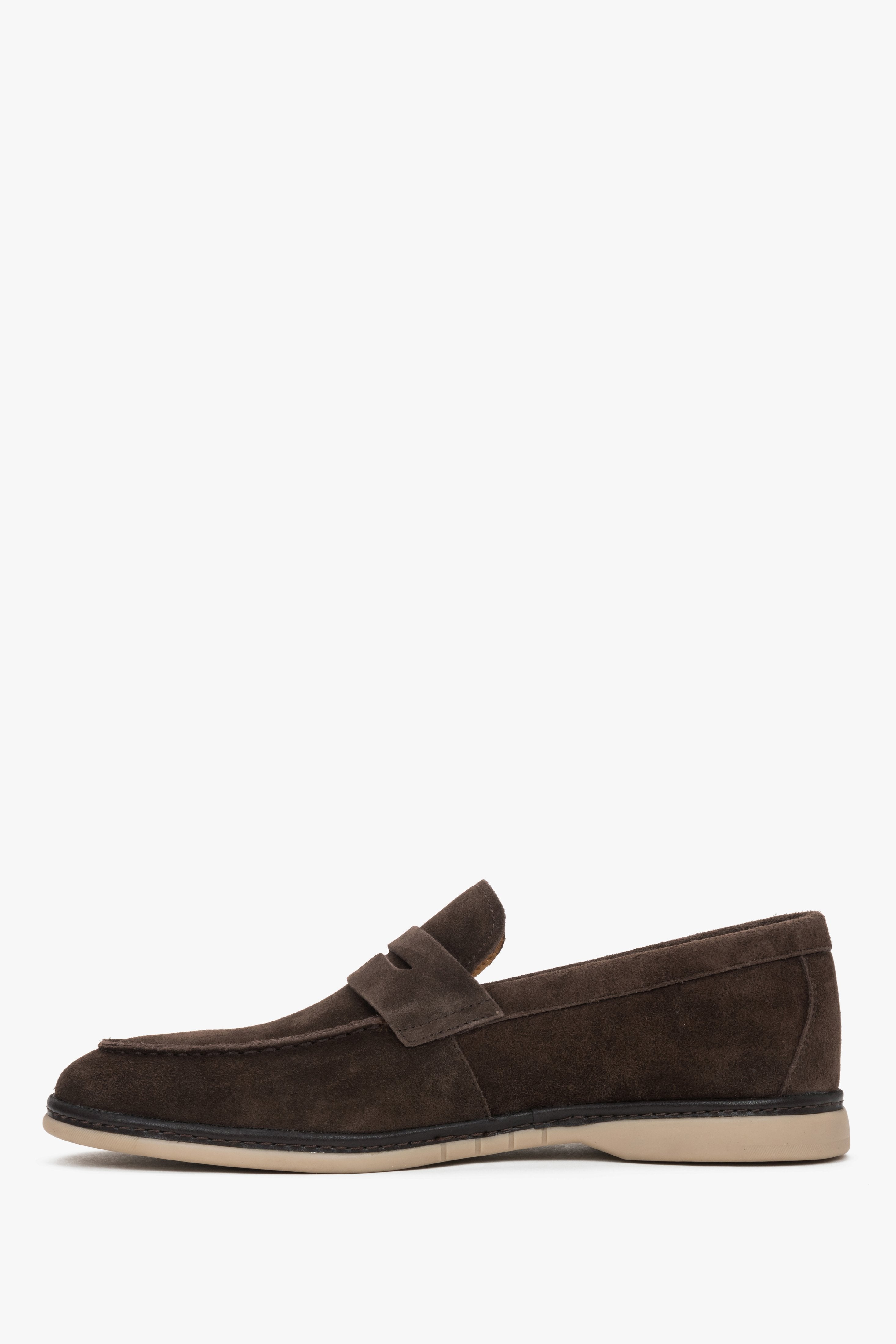 Elegant dark brown velour slip-on shoes for men with decorative stitching.