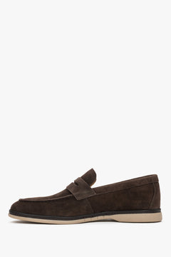 Elegant dark brown velour slip-on shoes for men with decorative stitching.