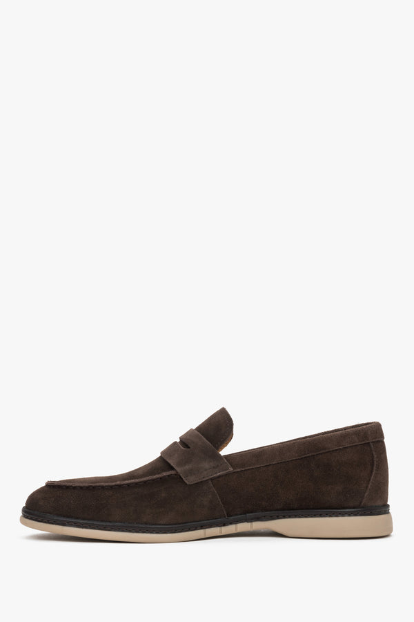 Elegant dark brown velour slip-on shoes for men with decorative stitching.