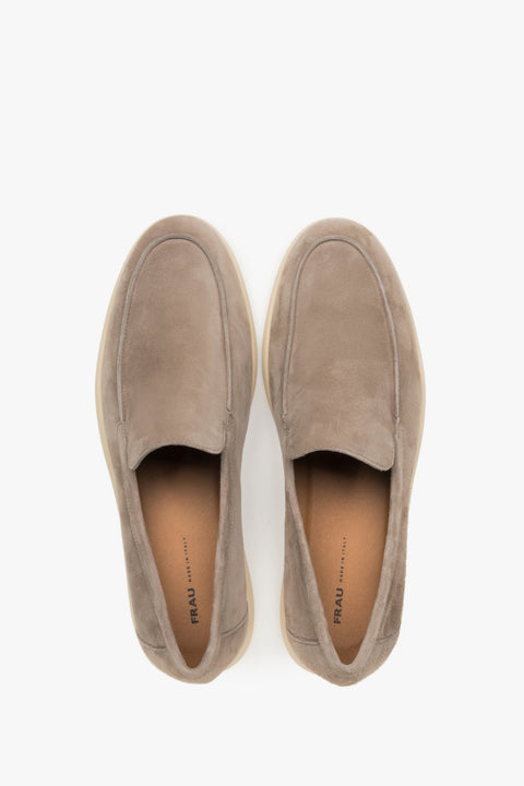 Men's classic beige velour loafers by Frau – a top-down perspective showcasing the contoured front shape and the premium Italian leather lining.