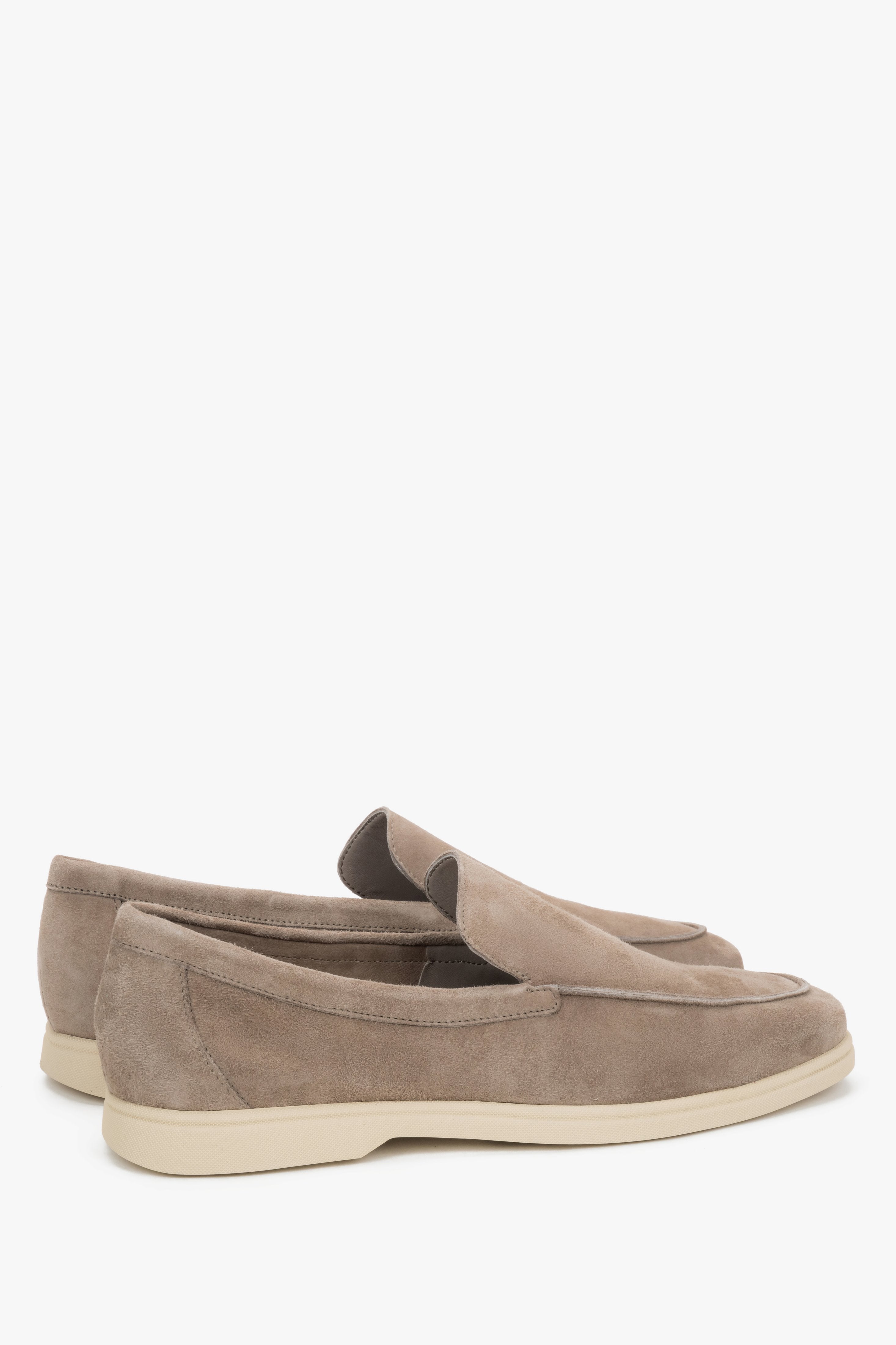 Men's premium velour loafers in beige by Frau – a three-quarter angled view of the pair, accentuating the decorative stitching and artisanal finish.