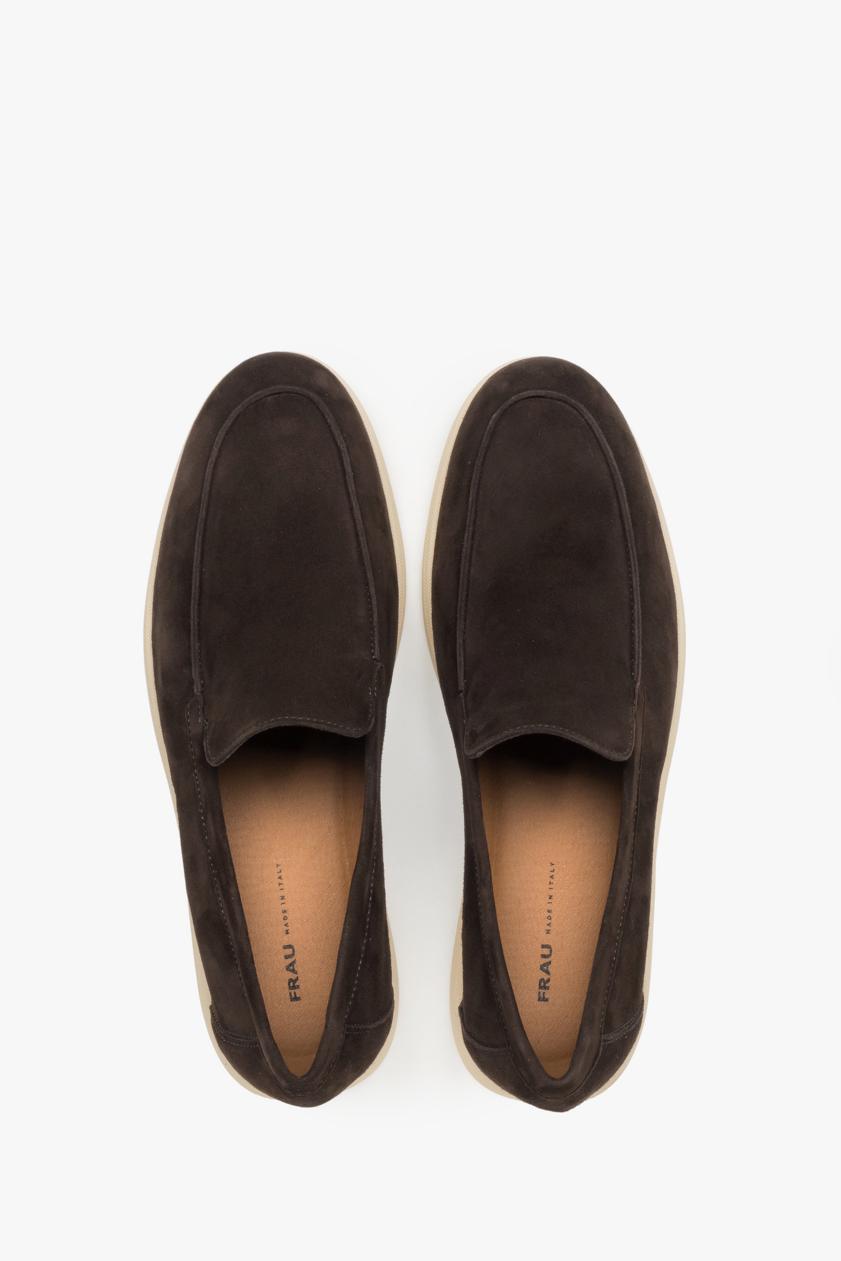 Men's classic dark brown velour loafers by Frau – a top-down perspective showcasing the contoured front shape and the premium Italian leather lining.