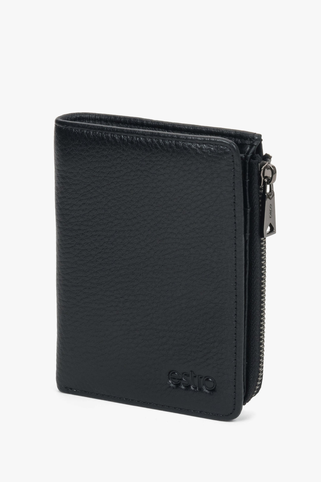 Sleek black wallet crafted from pebbled genuine leather for a stylish, durable finish.
