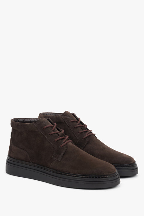 Men's dark brown ankle boots made of genuine velour with light insulation, Estro ER00118324.