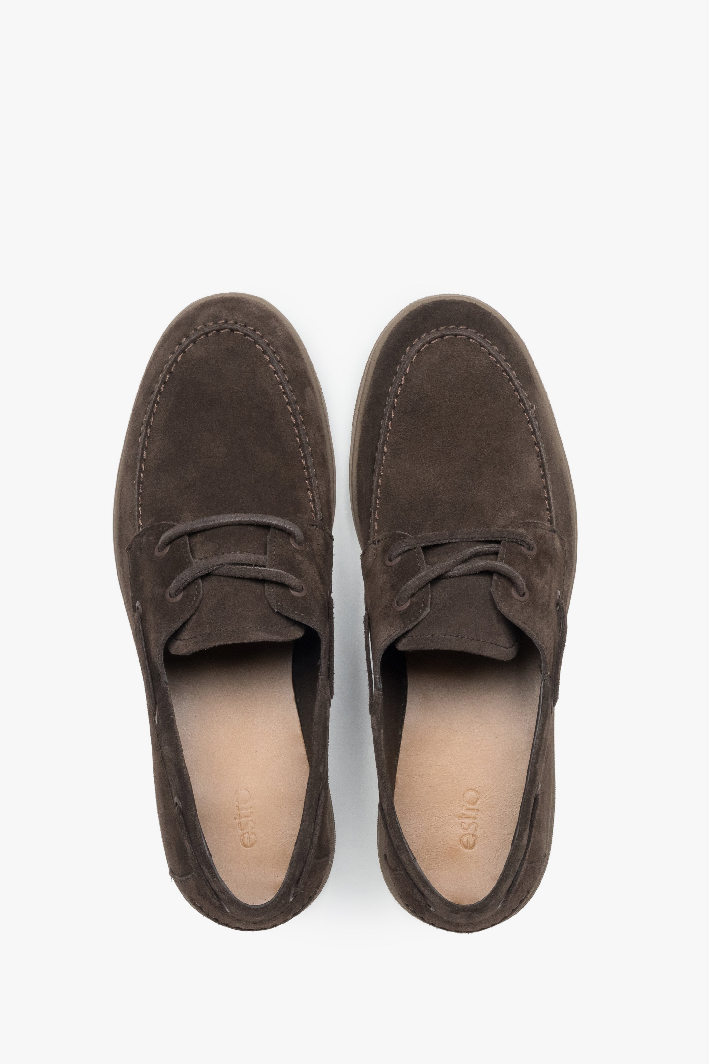 Men’s boat-style loafers, dark brown, made of premium Italian natural velour, Estro.