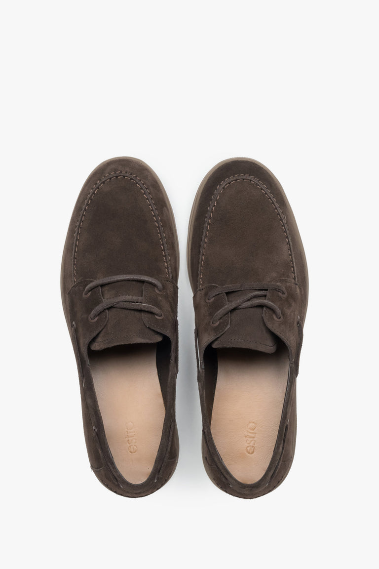 Men’s boat-style loafers, dark brown, made of premium Italian natural velour, Estro.