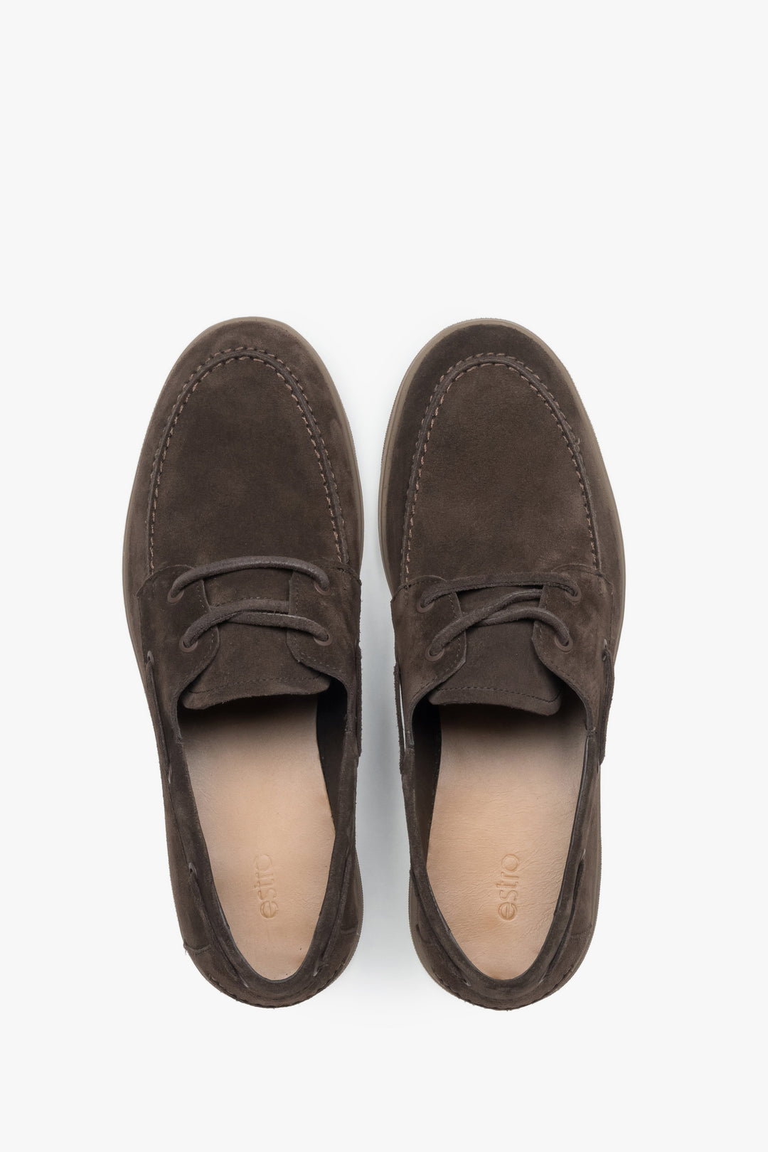 Men’s boat-style loafers, dark brown, made of premium Italian natural velour, Estro.