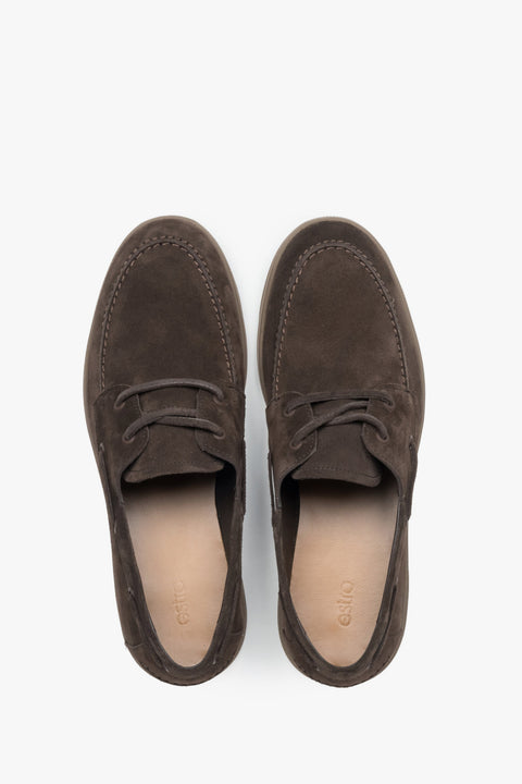Men’s boat-style loafers, dark brown, made of premium Italian natural velour, Estro.
