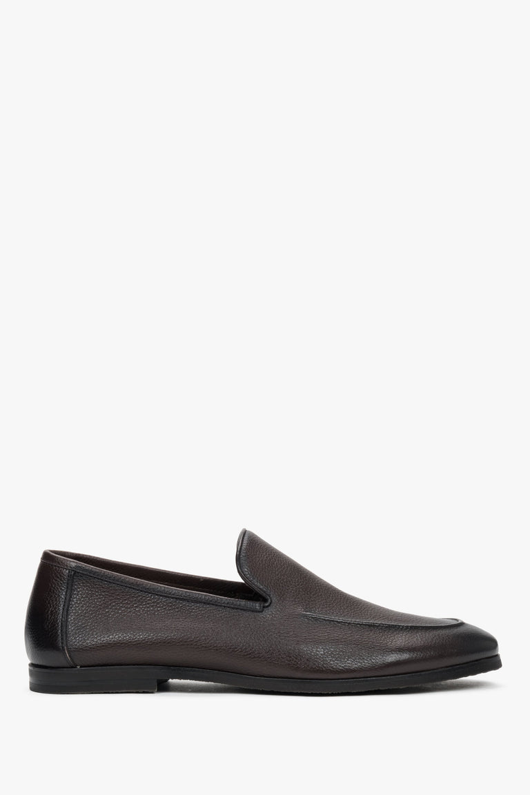 Men's dark brown formal loafers in genuine leather with raised seams, Estro.