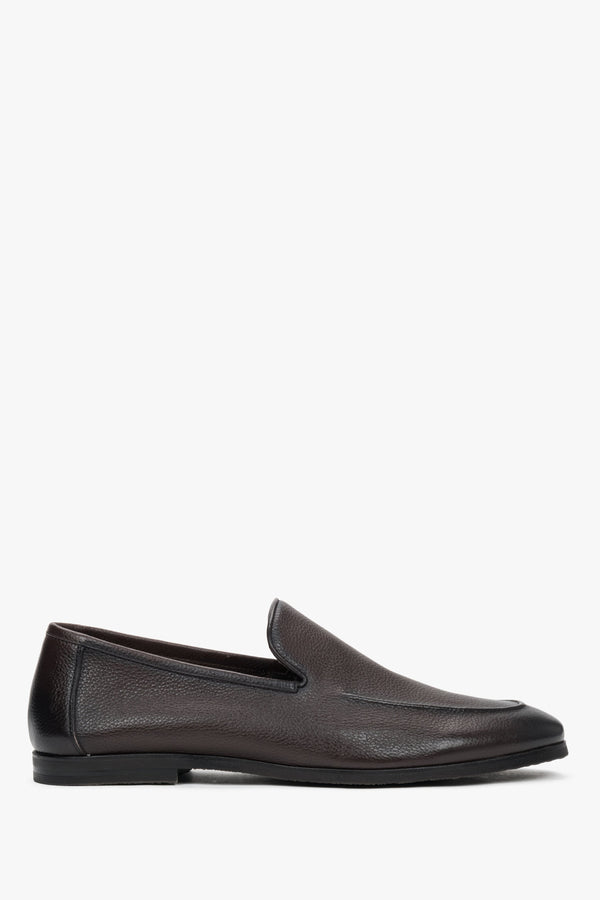 Men's dark brown formal loafers in genuine leather with raised seams, Estro.