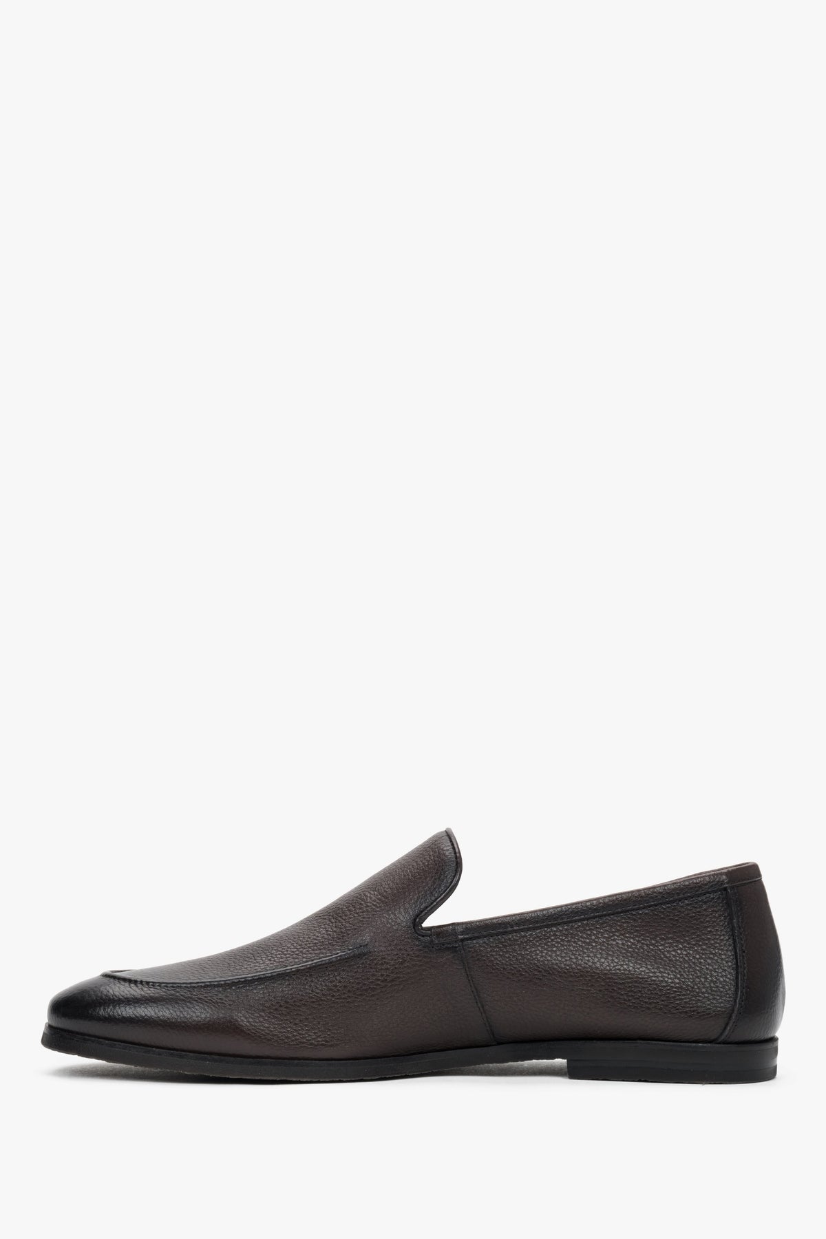 Elegant dark brown leather slip-on dress shoes for men with decorative stitching.