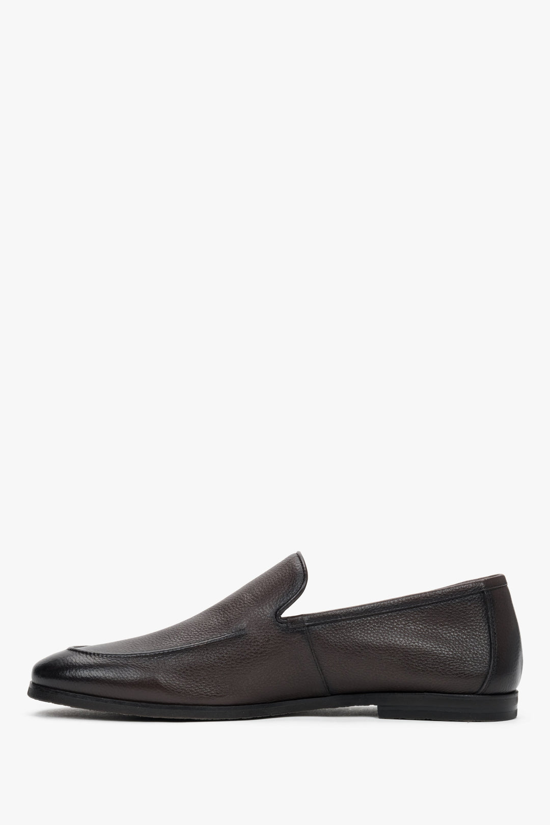 Elegant dark brown leather slip-on dress shoes for men with decorative stitching.